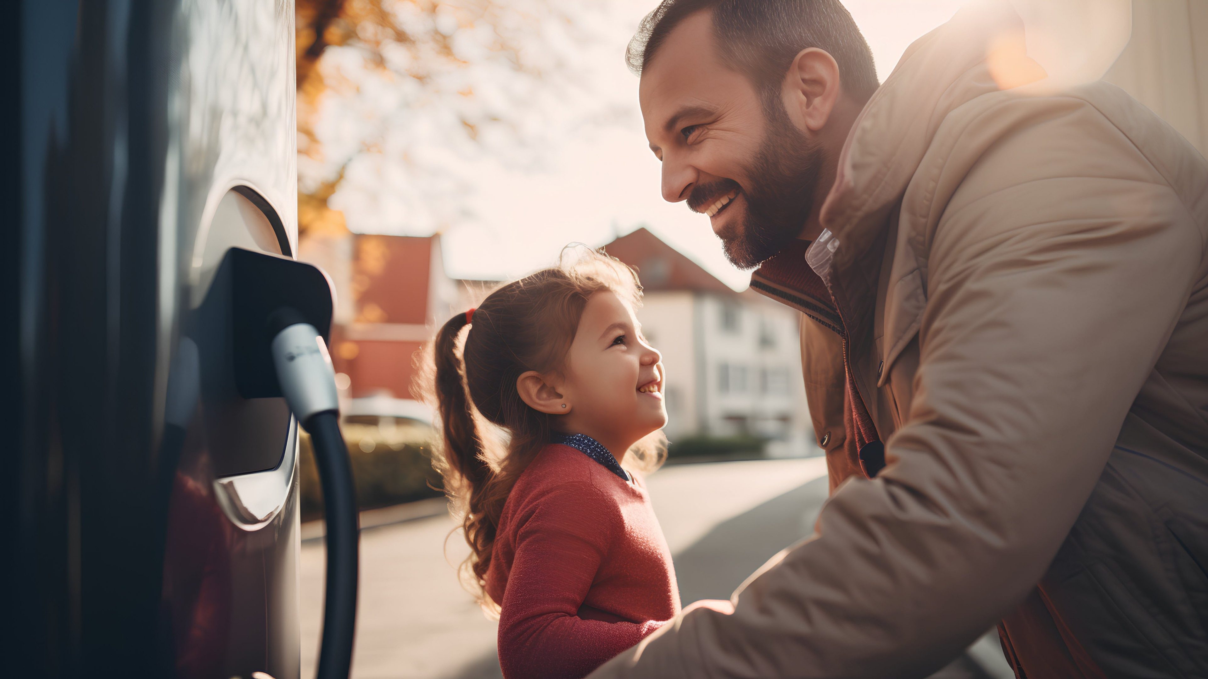 Father with daughter laughing while e-charging their car.